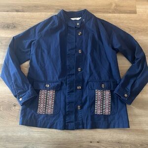 JustFab Navy Utility Jacket with Tribal Pocket Detail Women’s, Size L, EUC
